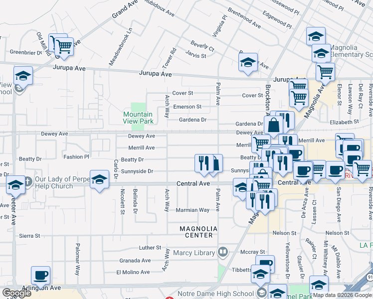 map of restaurants, bars, coffee shops, grocery stores, and more near 4607 Beatty Drive in Riverside