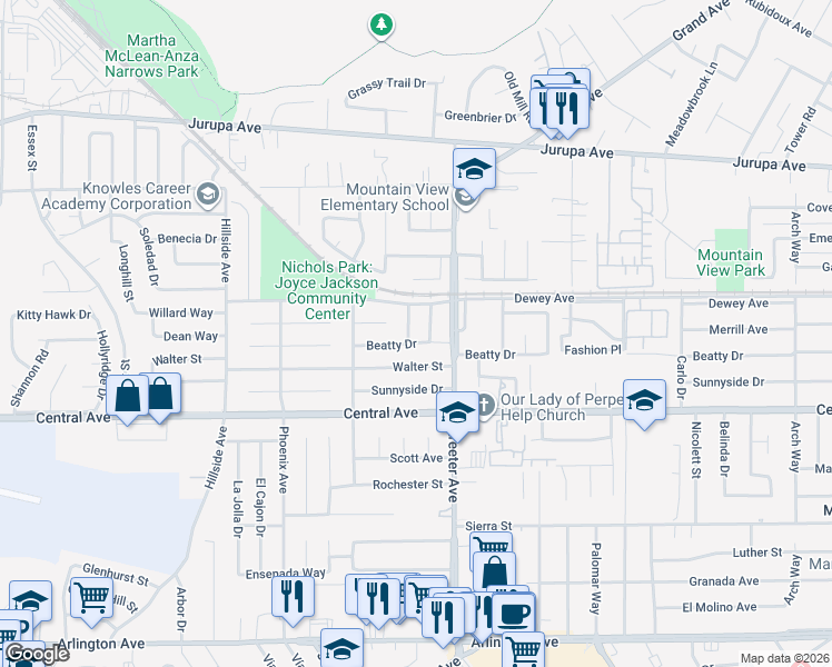 map of restaurants, bars, coffee shops, grocery stores, and more near 5362 Beatty Drive in Riverside