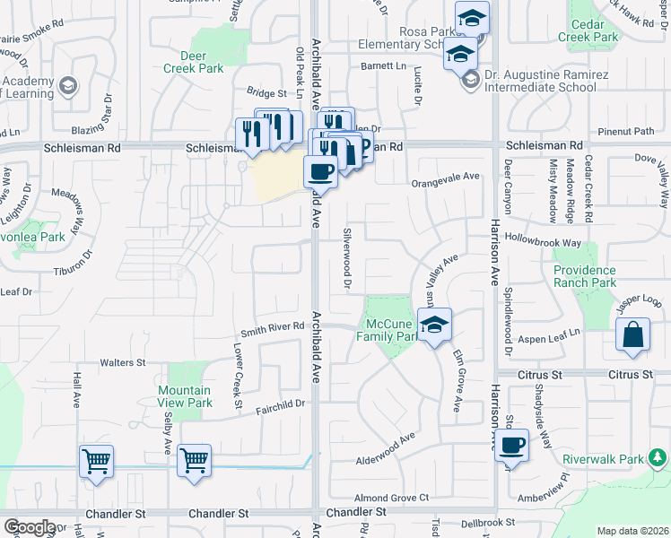 map of restaurants, bars, coffee shops, grocery stores, and more near 7291 Pinewood Court in Corona