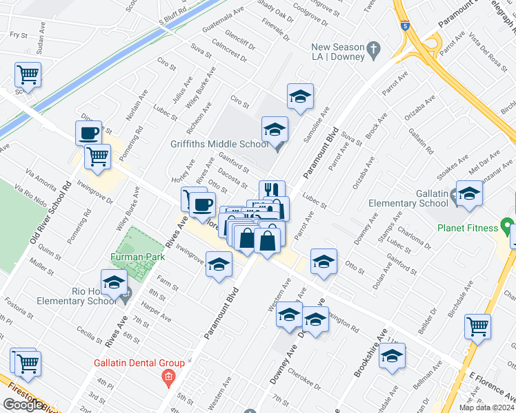 map of restaurants, bars, coffee shops, grocery stores, and more near 9903 Paramount Boulevard in Downey