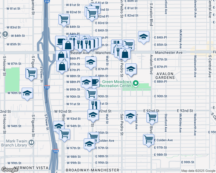 map of restaurants, bars, coffee shops, grocery stores, and more near 156 East 89th Street in Los Angeles