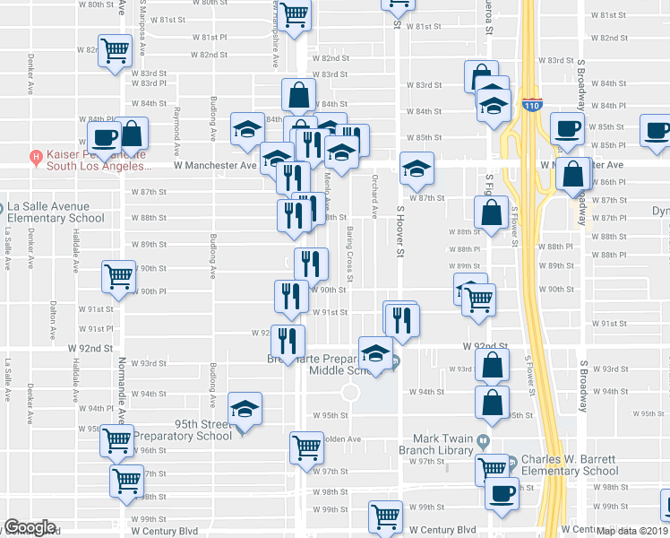map of restaurants, bars, coffee shops, grocery stores, and more near 8934 Menlo Avenue in Los Angeles