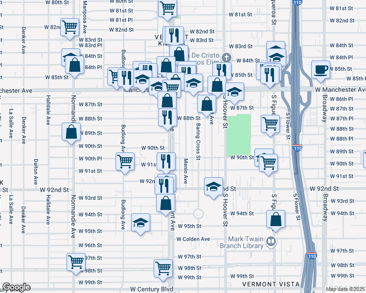 map of restaurants, bars, coffee shops, grocery stores, and more near 8934 Menlo Avenue in Los Angeles