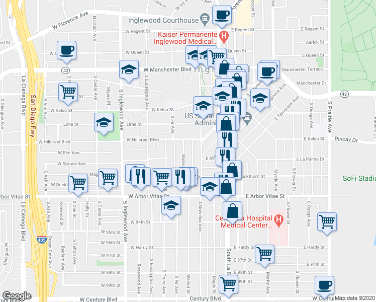 map of restaurants, bars, coffee shops, grocery stores, and more near 632 Walnut Street in Inglewood