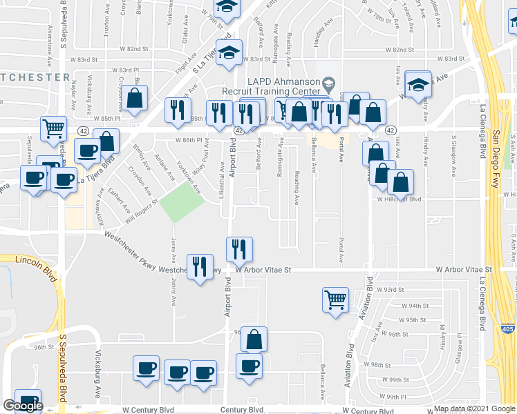 map of restaurants, bars, coffee shops, grocery stores, and more near in Los Angeles