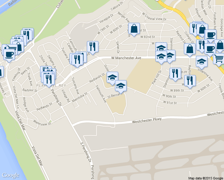 map of restaurants, bars, coffee shops, grocery stores, and more near 7755 Saint Bernard Street in Los Angeles