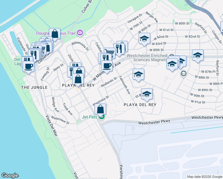 map of restaurants, bars, coffee shops, grocery stores, and more near 8160 Redlands Street in Los Angeles