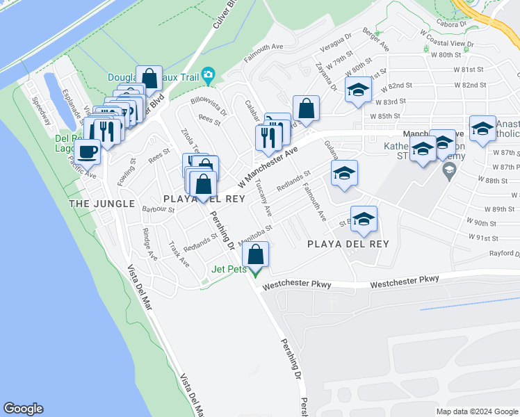 map of restaurants, bars, coffee shops, grocery stores, and more near 8738 Delgany Avenue in Los Angeles