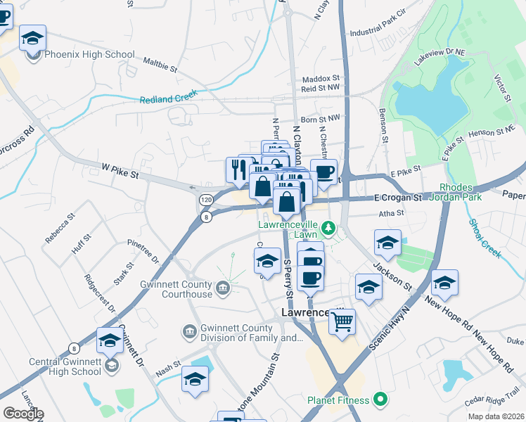 map of restaurants, bars, coffee shops, grocery stores, and more near 257 West Crogan Street in Lawrenceville