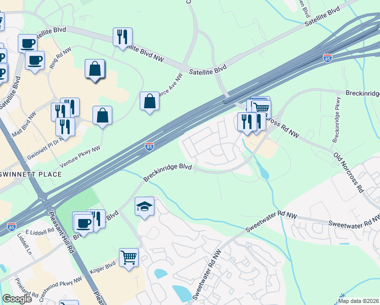 map of restaurants, bars, coffee shops, grocery stores, and more near 2081 Executive Drive in Duluth