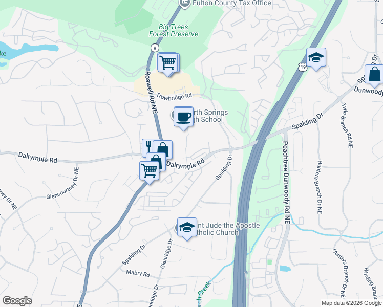 map of restaurants, bars, coffee shops, grocery stores, and more near 750 Dalrymple Road in Atlanta