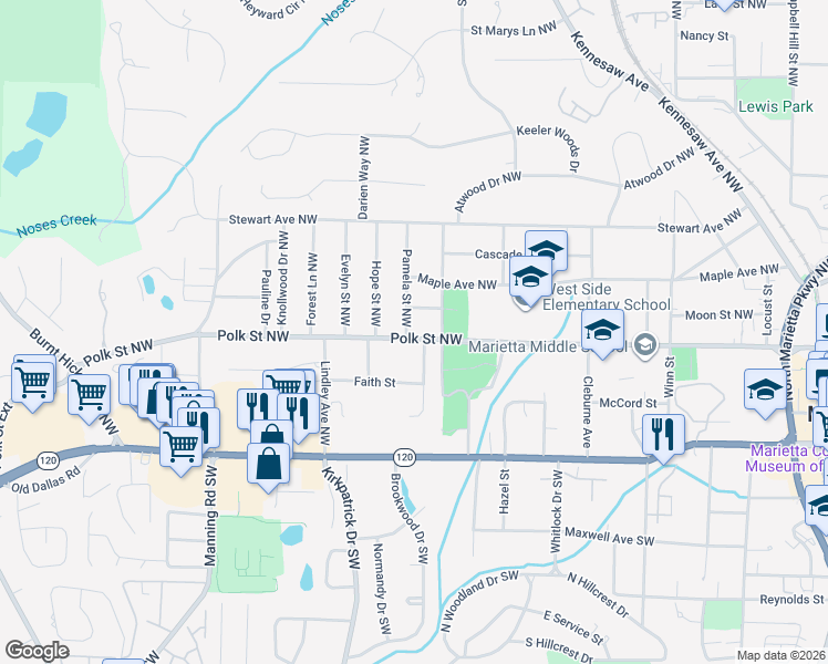 map of restaurants, bars, coffee shops, grocery stores, and more near 484 Polk Street Northwest in Marietta