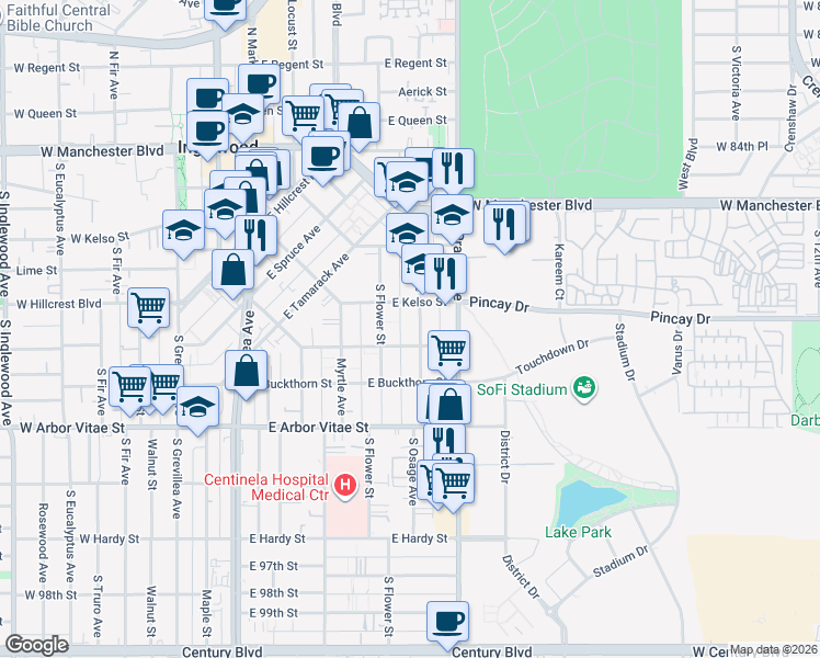map of restaurants, bars, coffee shops, grocery stores, and more near 621 South Osage Avenue in Inglewood