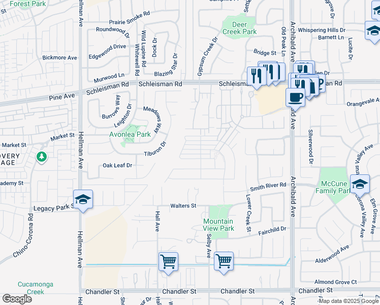 map of restaurants, bars, coffee shops, grocery stores, and more near 14594 Monet Drive in Corona