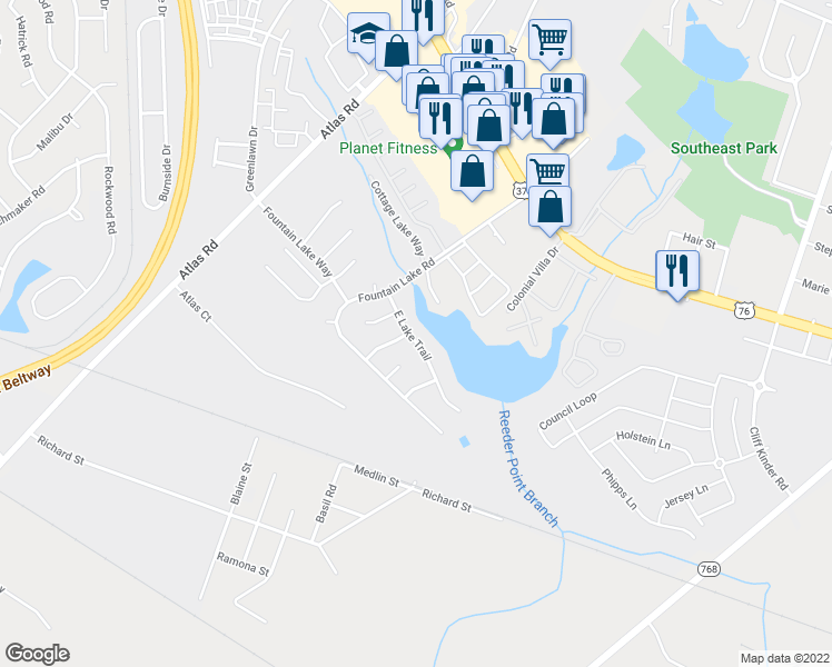 map of restaurants, bars, coffee shops, grocery stores, and more near 200 East Lake Trail in Columbia