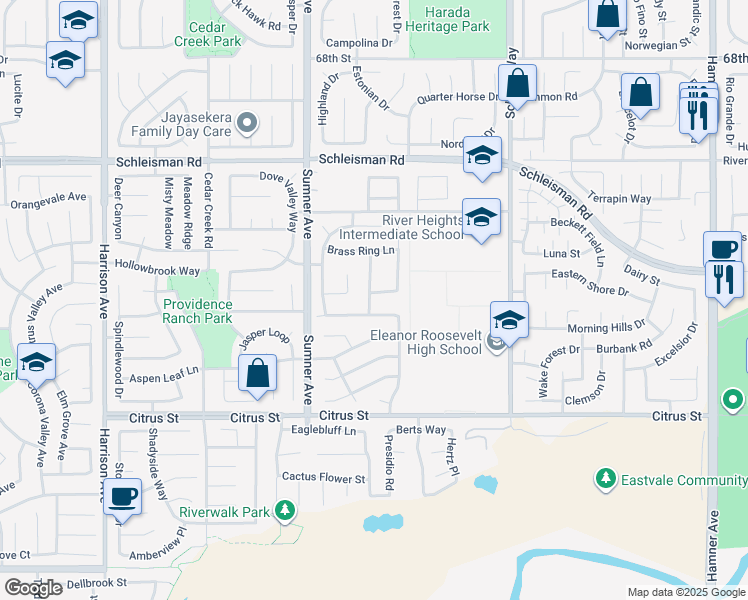 map of restaurants, bars, coffee shops, grocery stores, and more near 13277 Chariot Road in Corona