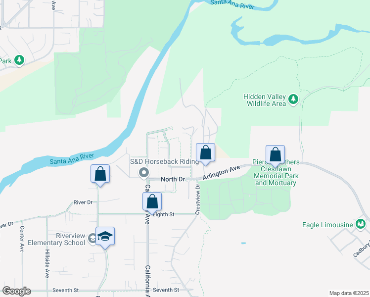 map of restaurants, bars, coffee shops, grocery stores, and more near 5090 Viceroy Avenue in Norco