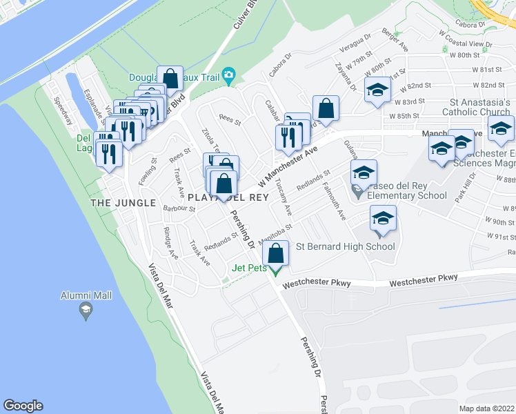 map of restaurants, bars, coffee shops, grocery stores, and more near 8717 Delgany Avenue in Los Angeles