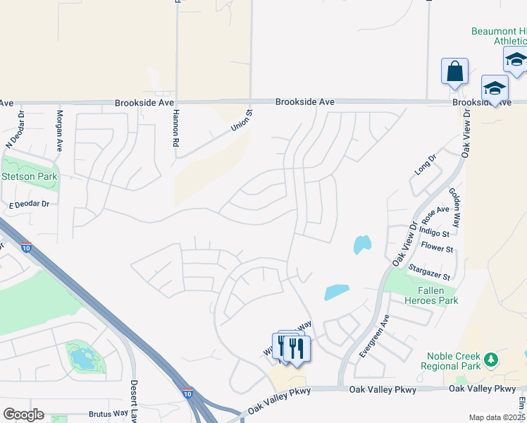 map of restaurants, bars, coffee shops, grocery stores, and more near 941 Avenal Way in Beaumont