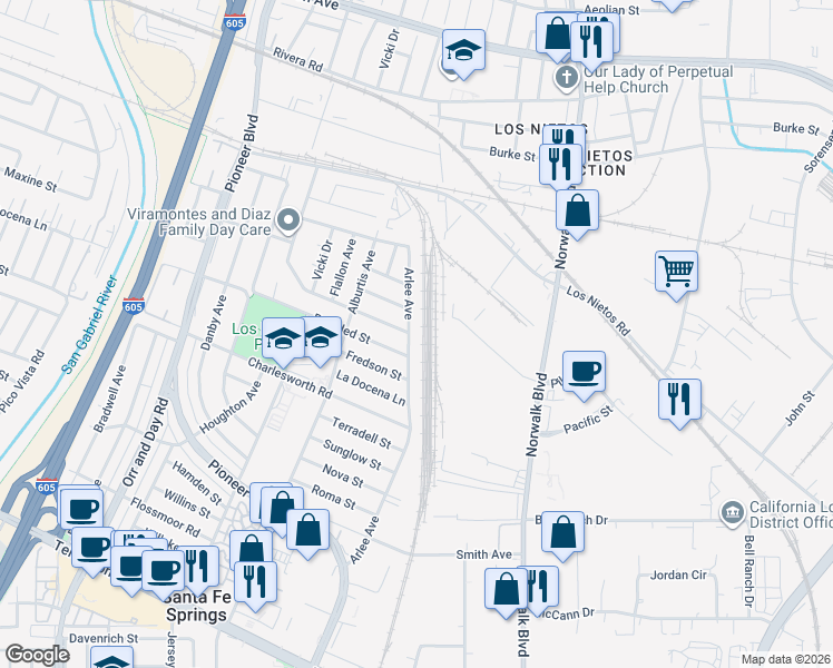 map of restaurants, bars, coffee shops, grocery stores, and more near 9314 Arlee Avenue in Santa Fe Springs