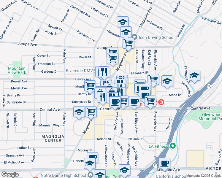 map of restaurants, bars, coffee shops, grocery stores, and more near 3696 Beatty Drive in Riverside