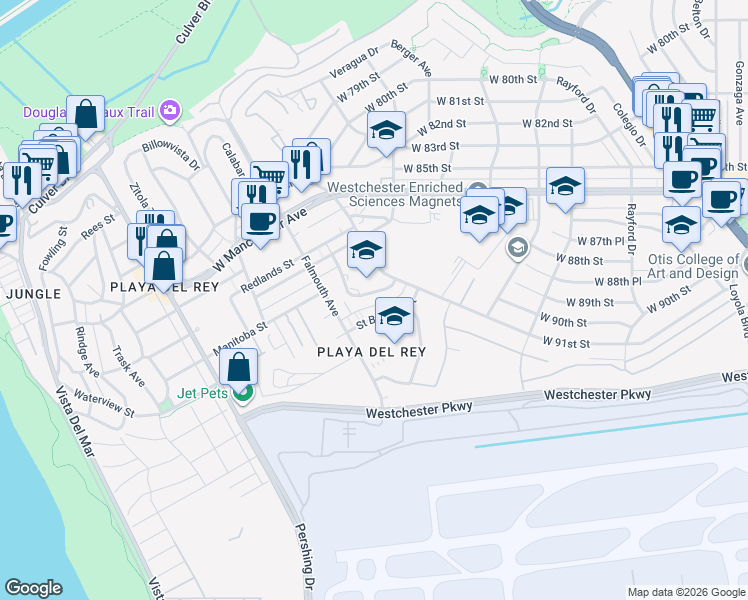 map of restaurants, bars, coffee shops, grocery stores, and more near 7755 Saint Bernard Street in Los Angeles