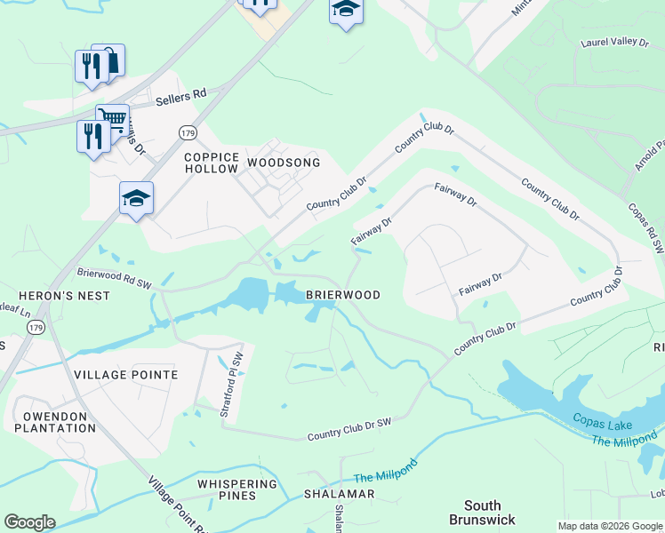 map of restaurants, bars, coffee shops, grocery stores, and more near 34 Brierwood Road Southwest in Shallotte