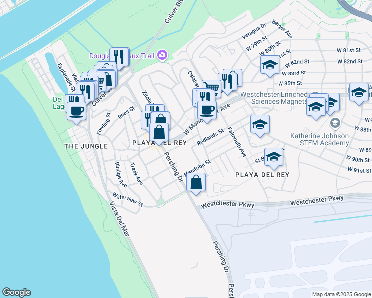 map of restaurants, bars, coffee shops, grocery stores, and more near 8701 Delgany Avenue in Los Angeles