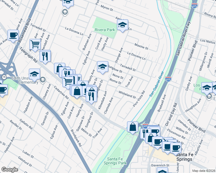 map of restaurants, bars, coffee shops, grocery stores, and more near 9602 Florpark Street in Pico Rivera