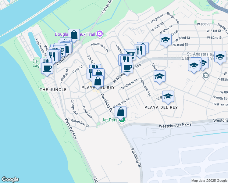 map of restaurants, bars, coffee shops, grocery stores, and more near 8701 Delgany Avenue in Los Angeles