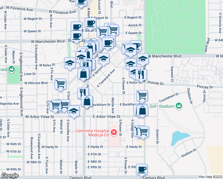 map of restaurants, bars, coffee shops, grocery stores, and more near 624 Myrtle Avenue in Inglewood