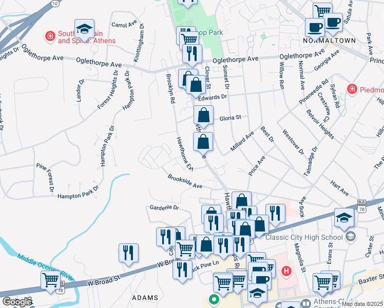 map of restaurants, bars, coffee shops, grocery stores, and more near 220 Hawthorne Extension in Athens
