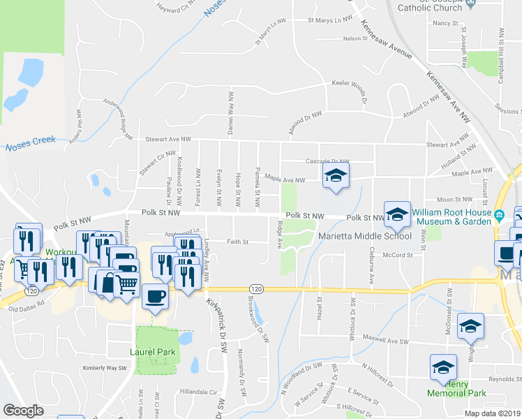 map of restaurants, bars, coffee shops, grocery stores, and more near 484 Polk Street Northwest in Marietta