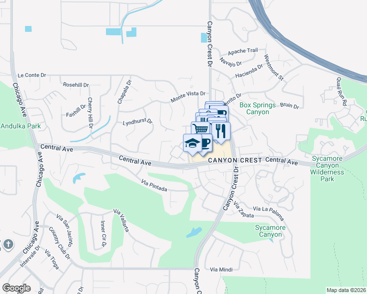 map of restaurants, bars, coffee shops, grocery stores, and more near 5253 El Cerrito Drive in Riverside
