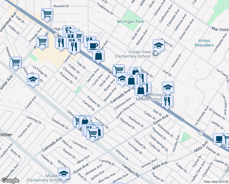 map of restaurants, bars, coffee shops, grocery stores, and more near 8824 Watson Avenue in Whittier