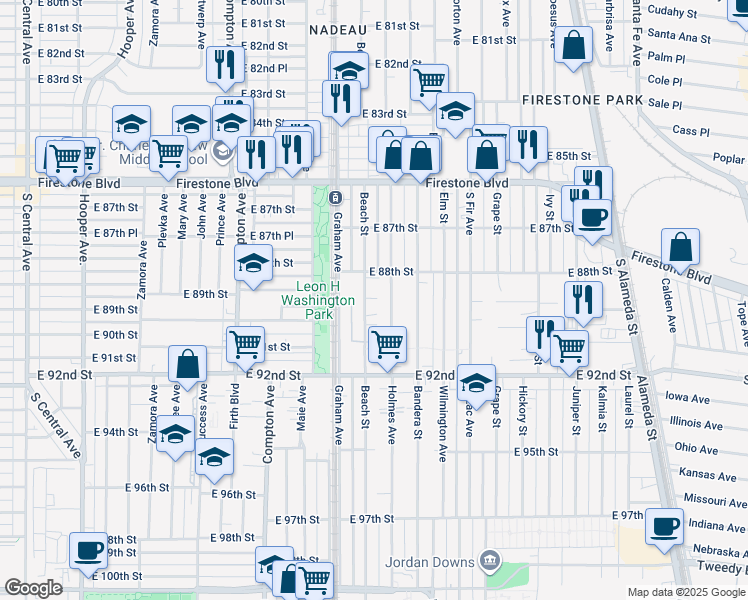 map of restaurants, bars, coffee shops, grocery stores, and more near 8828 Beach Street in Los Angeles