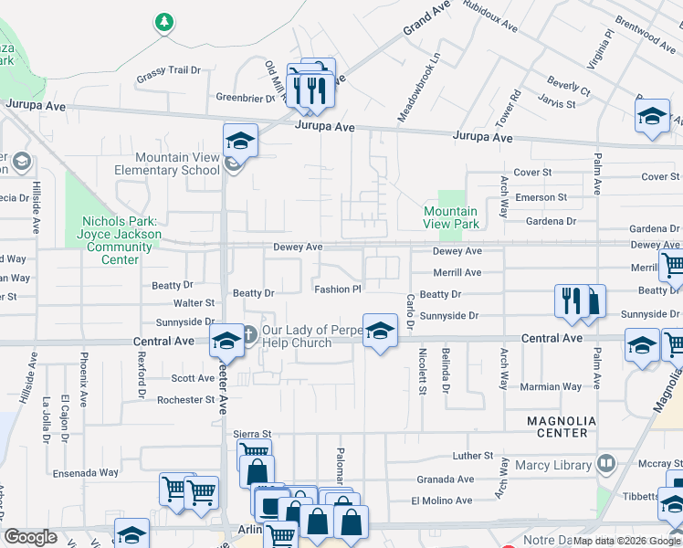 map of restaurants, bars, coffee shops, grocery stores, and more near 5050 Brooklawn Place in Riverside