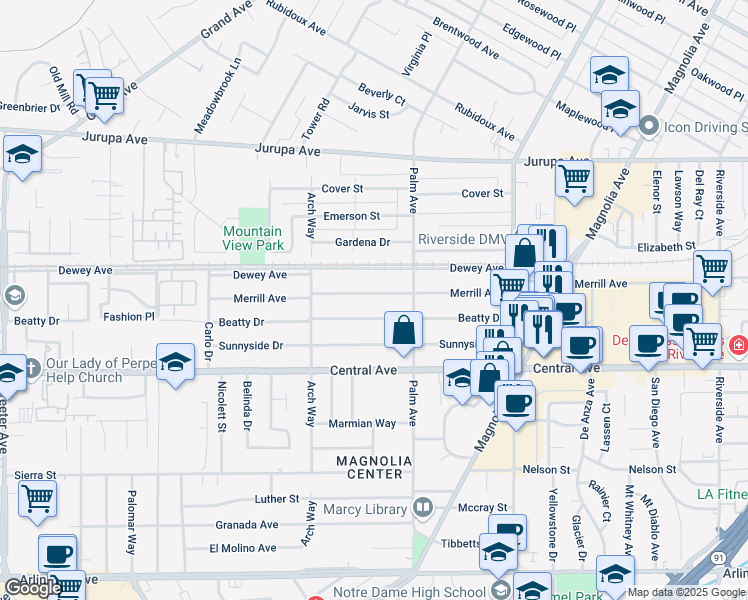 map of restaurants, bars, coffee shops, grocery stores, and more near 4578 Merrill Avenue in Riverside