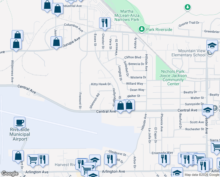 map of restaurants, bars, coffee shops, grocery stores, and more near 5960 Havilland Lane in Riverside