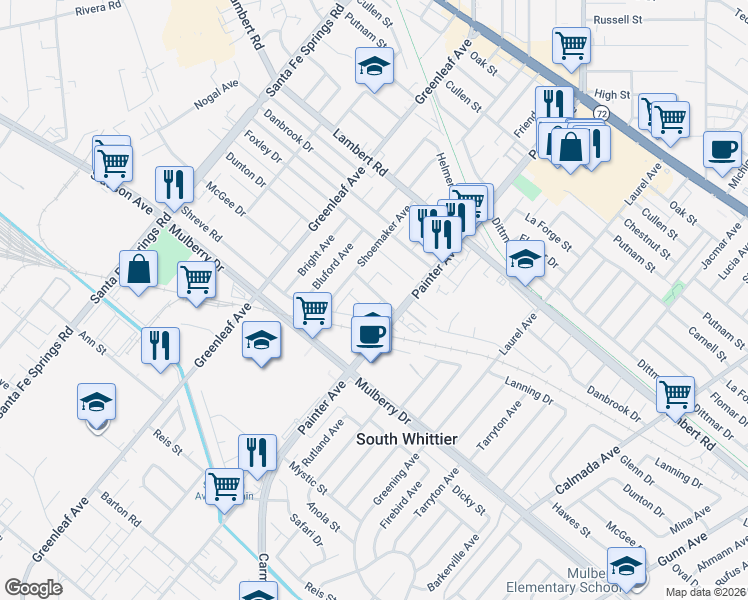 map of restaurants, bars, coffee shops, grocery stores, and more near 13308 Oval Drive in Whittier