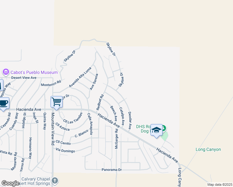 map of restaurants, bars, coffee shops, grocery stores, and more near 12735 Deodar Avenue in Desert Hot Springs