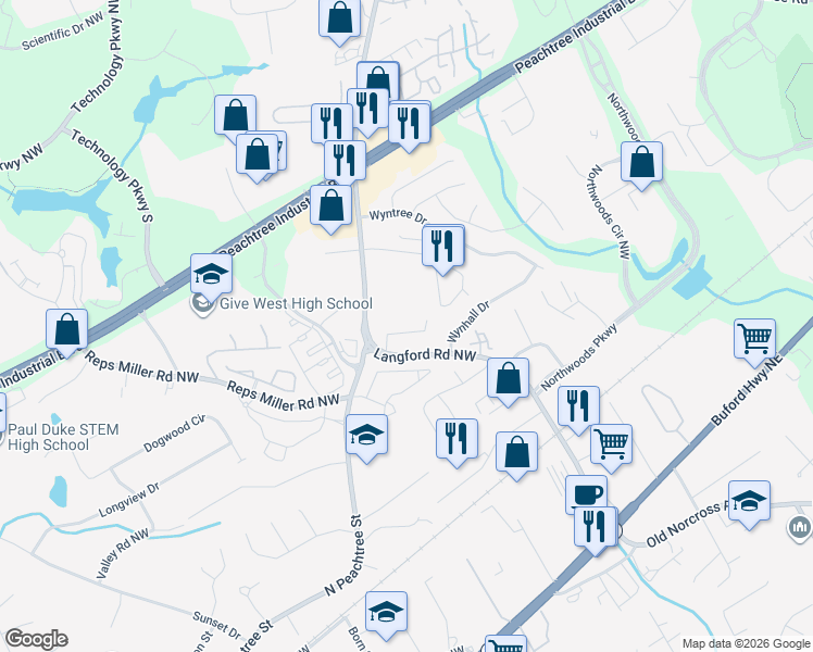 map of restaurants, bars, coffee shops, grocery stores, and more near 3153 Corner Oak Drive in Norcross