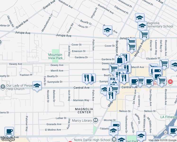 map of restaurants, bars, coffee shops, grocery stores, and more near 4537 Beatty Drive in Riverside