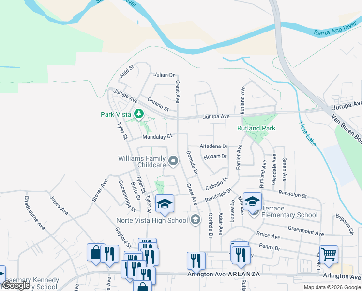 map of restaurants, bars, coffee shops, grocery stores, and more near 6885 Dorinda Drive in Riverside