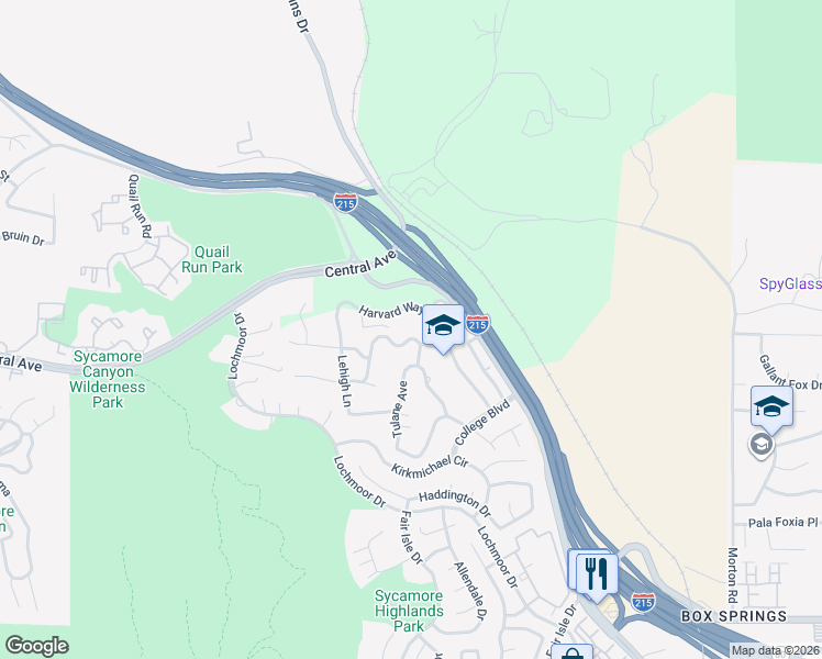 map of restaurants, bars, coffee shops, grocery stores, and more near 20289 West Point Drive in Riverside