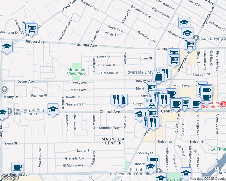 map of restaurants, bars, coffee shops, grocery stores, and more near 4578 Merrill Avenue in Riverside