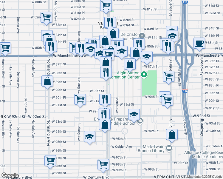 map of restaurants, bars, coffee shops, grocery stores, and more near 8918 South Vermont Avenue in Los Angeles