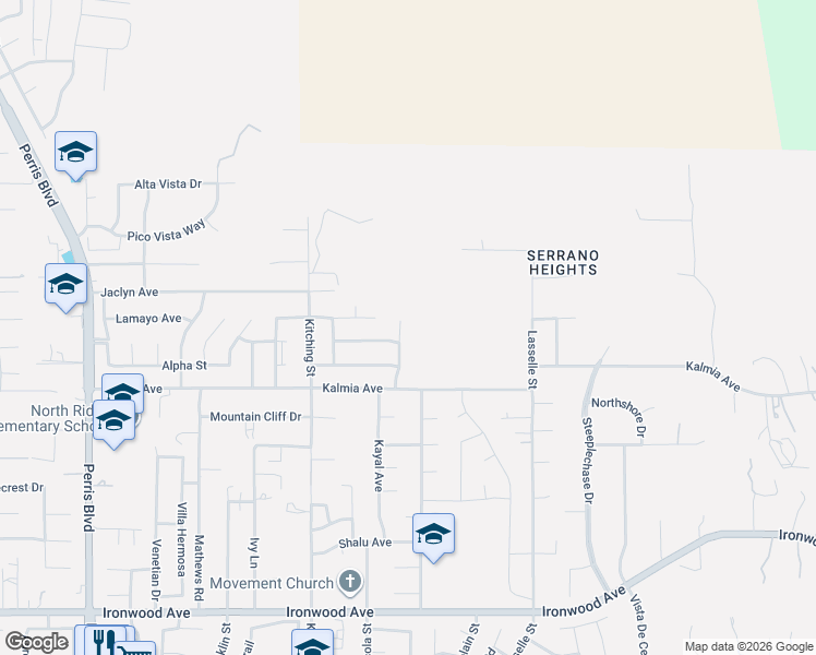 map of restaurants, bars, coffee shops, grocery stores, and more near 25647 San Thomas Street in Moreno Valley