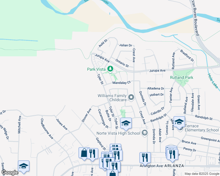map of restaurants, bars, coffee shops, grocery stores, and more near 6991 Eureka Drive in Riverside