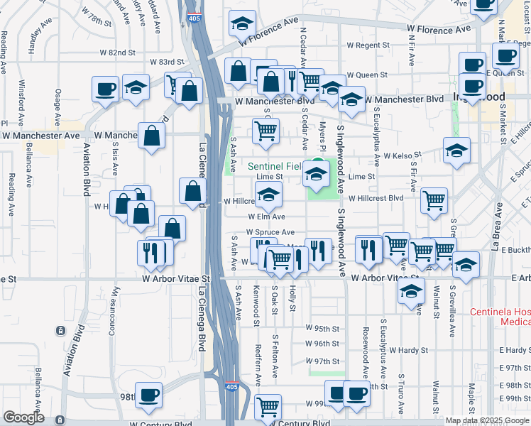 map of restaurants, bars, coffee shops, grocery stores, and more near 601 West Elm Avenue in Inglewood